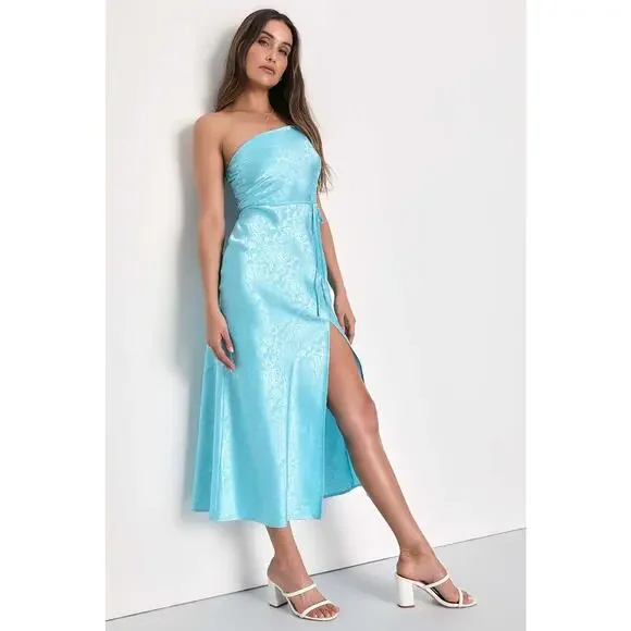 Lulus Blue Floral Jacquard One-Shoulder Midi Dress Sz M $88 MSRP - Picture 1 of 5